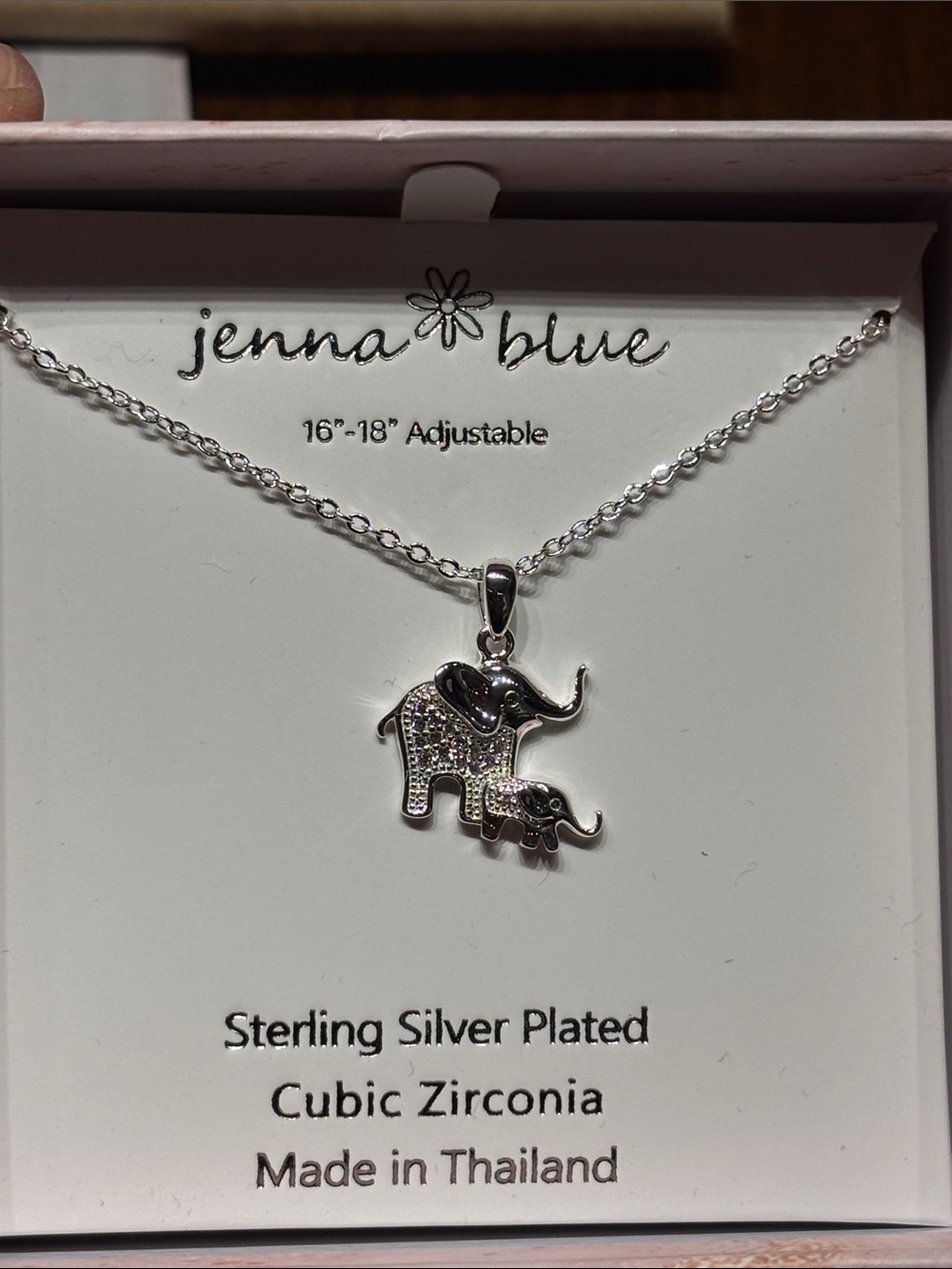 NIB (no lid) Jenna Blue Sterling Silver-Plated Elephant mama & baby necklace